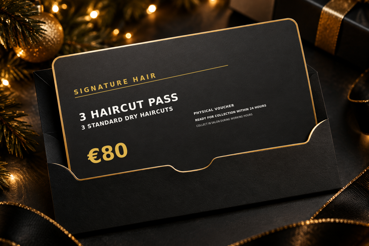 Signature Hair Christmas gift voucher in a black gift-card holder